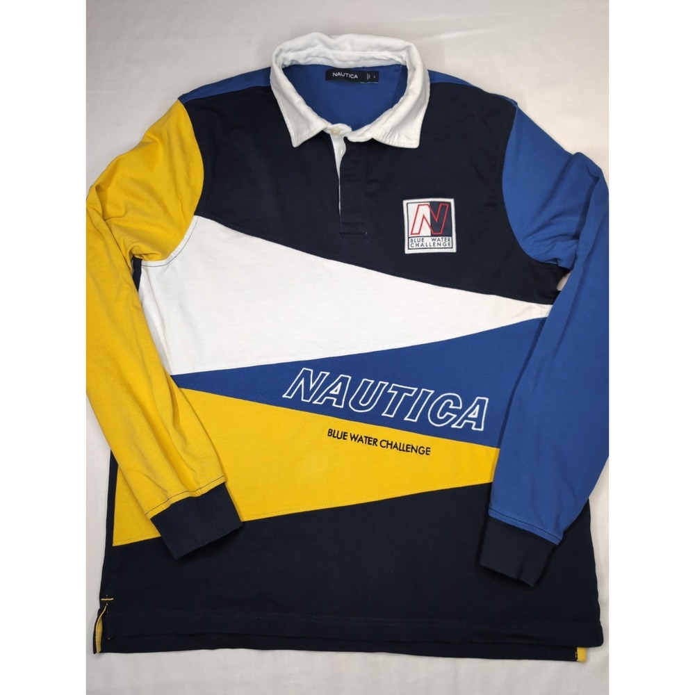 Nautica Mens Large Blue Water Challenge Colorblock Long Sleeve Polo Rugby K83552